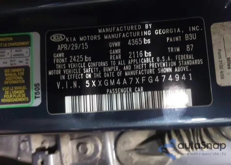 2015 Kia Optima Lx из США, поврежденный, VIN 5XXGM4A7XFG474941